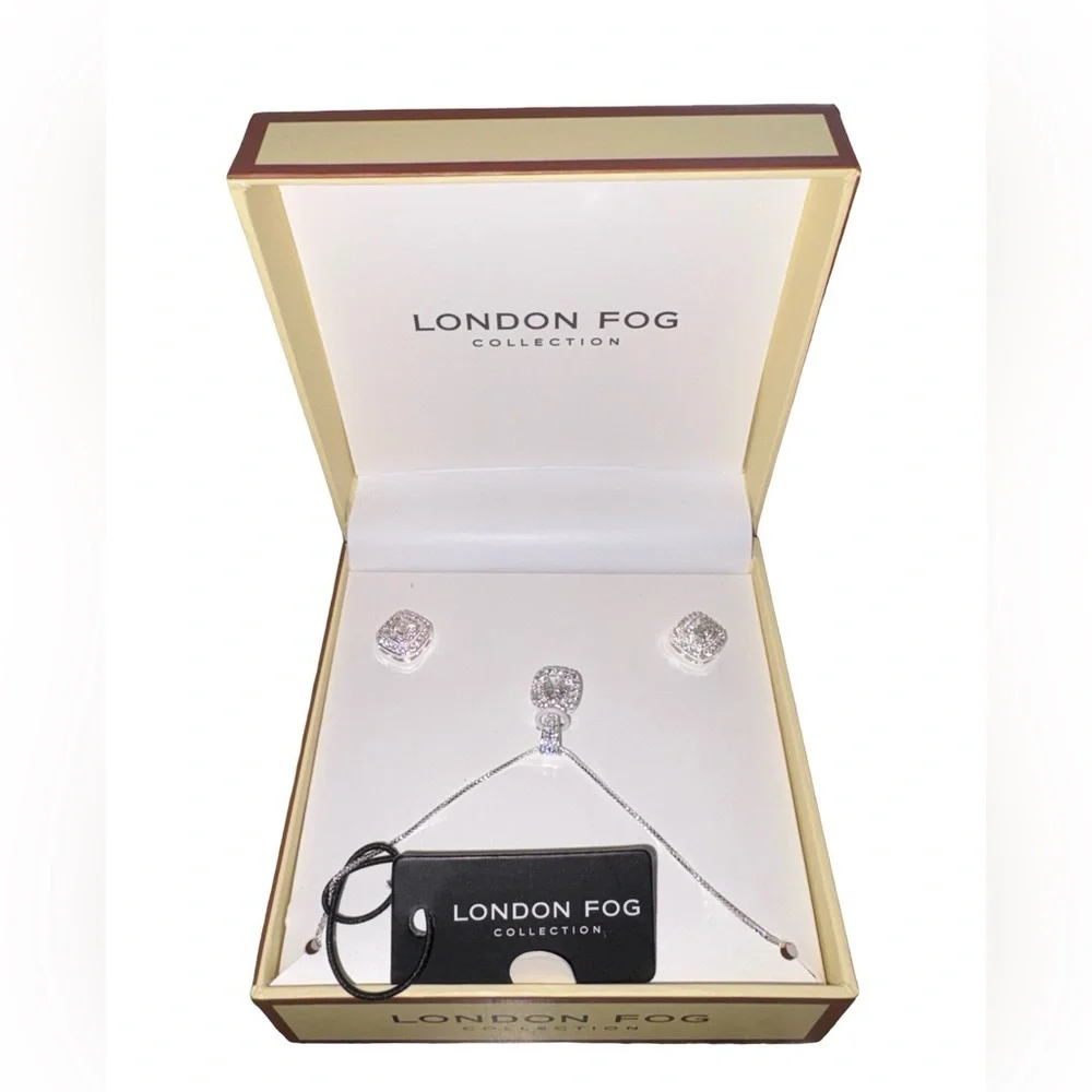 London Fog Crystal Necklace & Stud Earrings Jewelry Set Gift Box